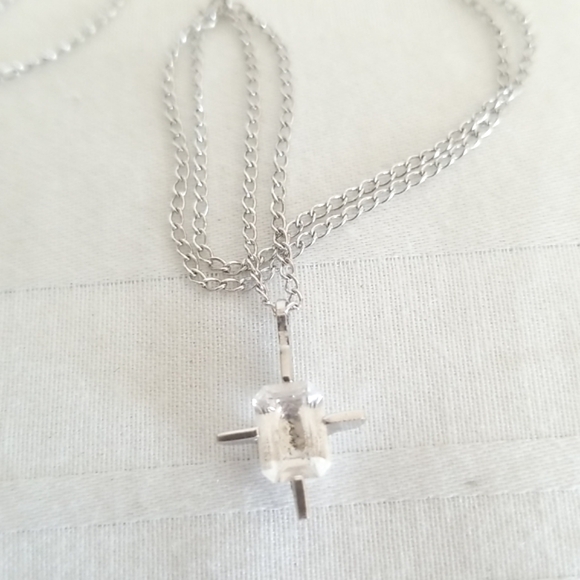 Vintage Sterling Silver Cross Emerald Cut CZ Necklace